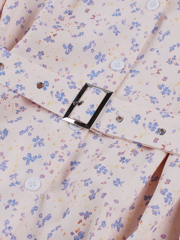 1940s Blazer Collar Floral Belted Dress