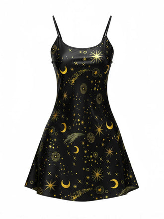 Black 1970s Spaghetti Strap Celestial Print Nightgown