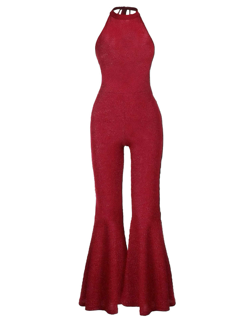 Red 1960s Mock Neck Metallic Backless Jumpsuit