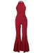 Red 1960s Mock Neck Metallic Backless Jumpsuit