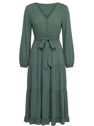 Green 1940s V-Neck Belted Solid Tiered Dress