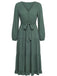 Green 1940s V-Neck Belted Solid Tiered Dress
