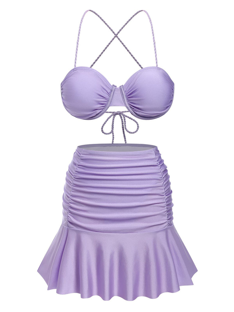 3PCS 1930s Spaghetti Strap Solid Bikini Set - vintage fashion, retro style