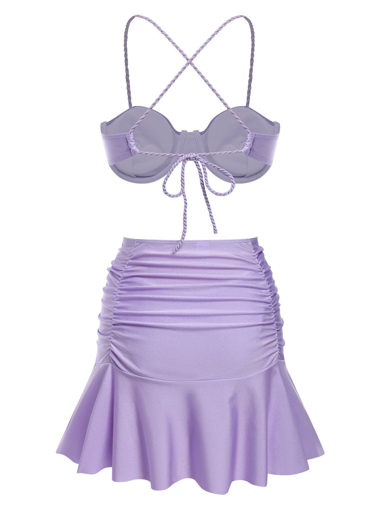 3PCS 1930s Spaghetti Strap Solid Bikini Set - vintage fashion, retro style