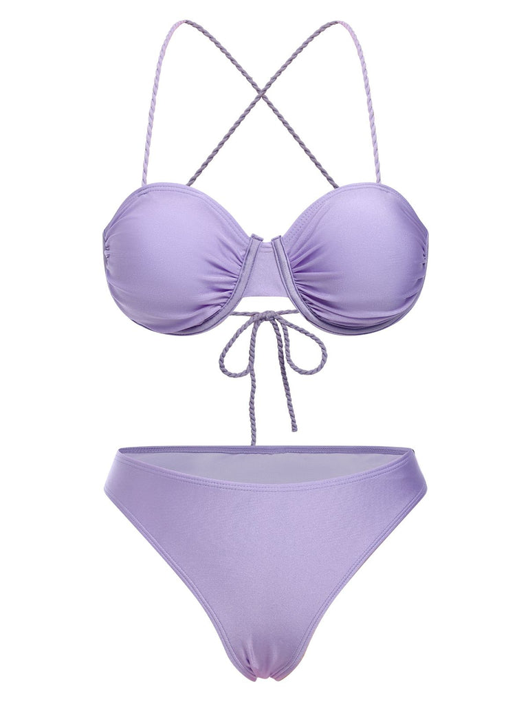 3PCS 1930s Spaghetti Strap Solid Bikini Set - vintage fashion, retro style