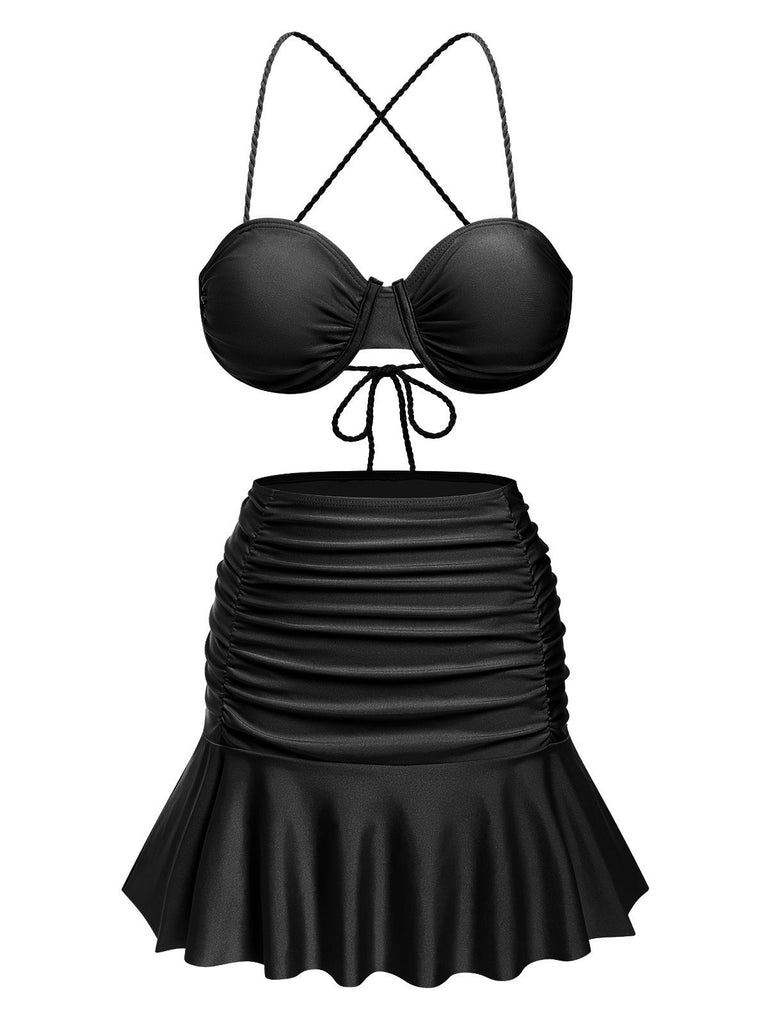 3PCS 1930s Spaghetti Strap Solid Bikini Set - vintage fashion, retro style
