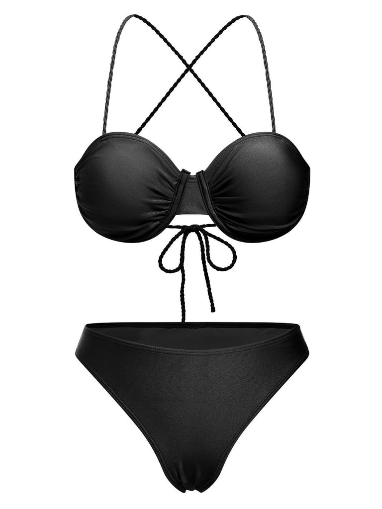 3PCS 1930s Spaghetti Strap Solid Bikini Set - vintage fashion, retro style