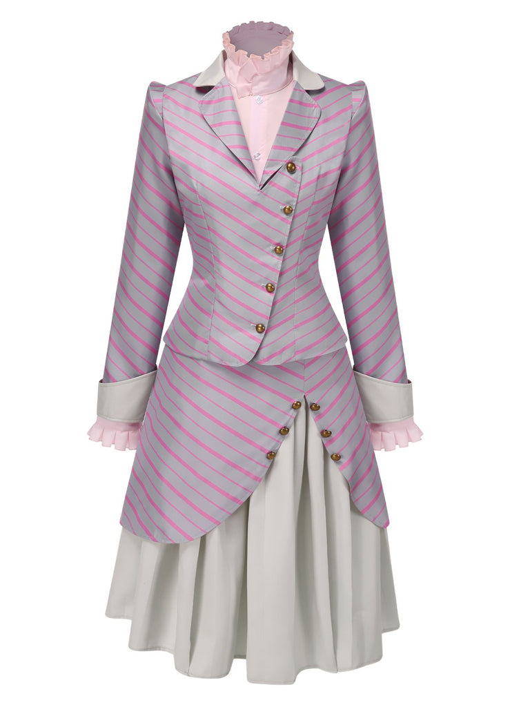 She finds her 1940s story in this 3PCS 1940s Ruffles Stripes Button Suit Set