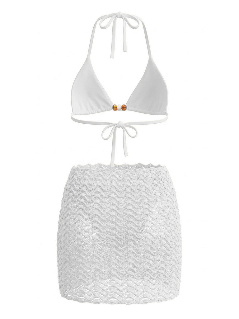 3PCS 1950s Beaded Halter Pleated Bikini Set & Cover-Up - vintage swimsuit, pin-up swimwear for vintage lovers
