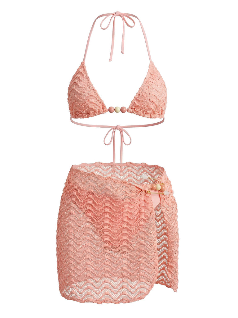 3PCS 1950s Beaded Halter Pleated Bikini Set & Cover-Up - vintage swimsuit, pin-up swimwear for vintage lovers