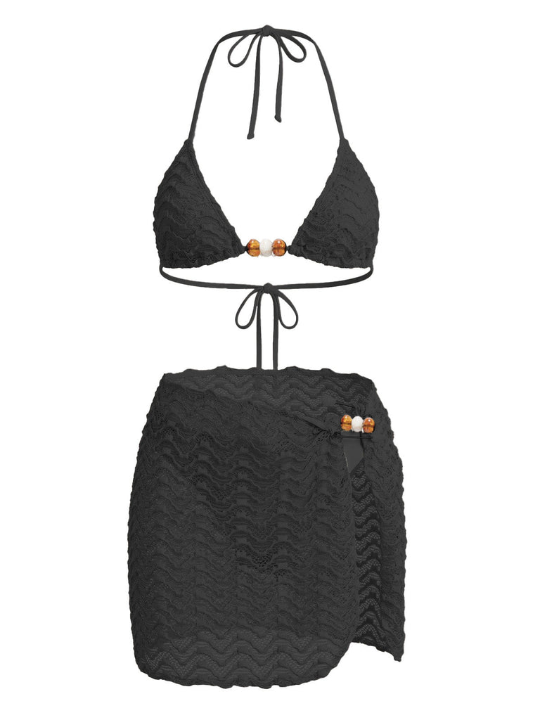 3PCS 1950s Beaded Halter Pleated Bikini Set & Cover-Up - vintage swimsuit, pin-up swimwear for vintage lovers