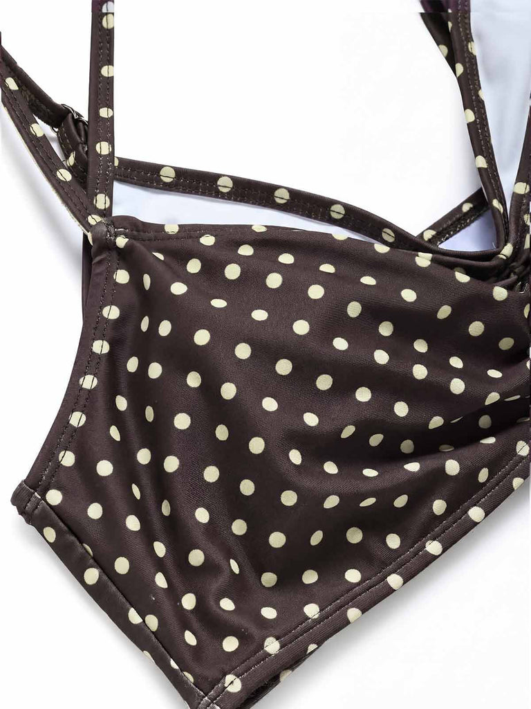[Pre-Sale] Brown 1950s Polka Dot Halter Swimsuit