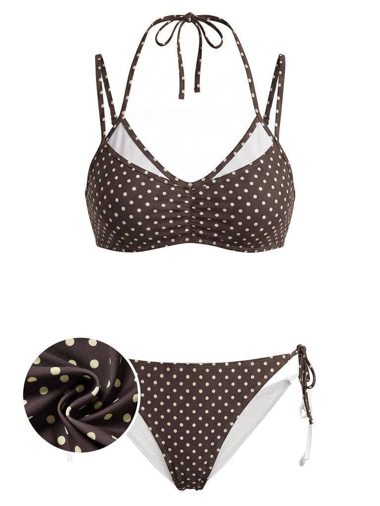 [Pre-Sale] Brown 1950s Polka Dot Halter Swimsuit