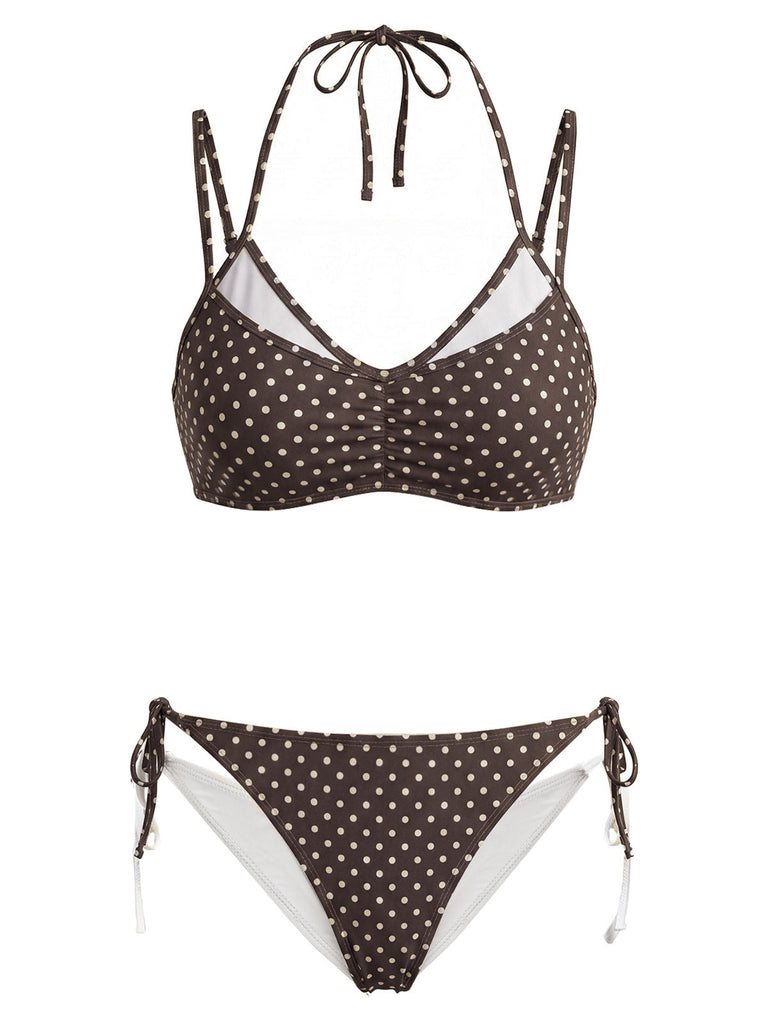 [Pre-Sale] Brown 1950s Polka Dot Halter Swimsuit