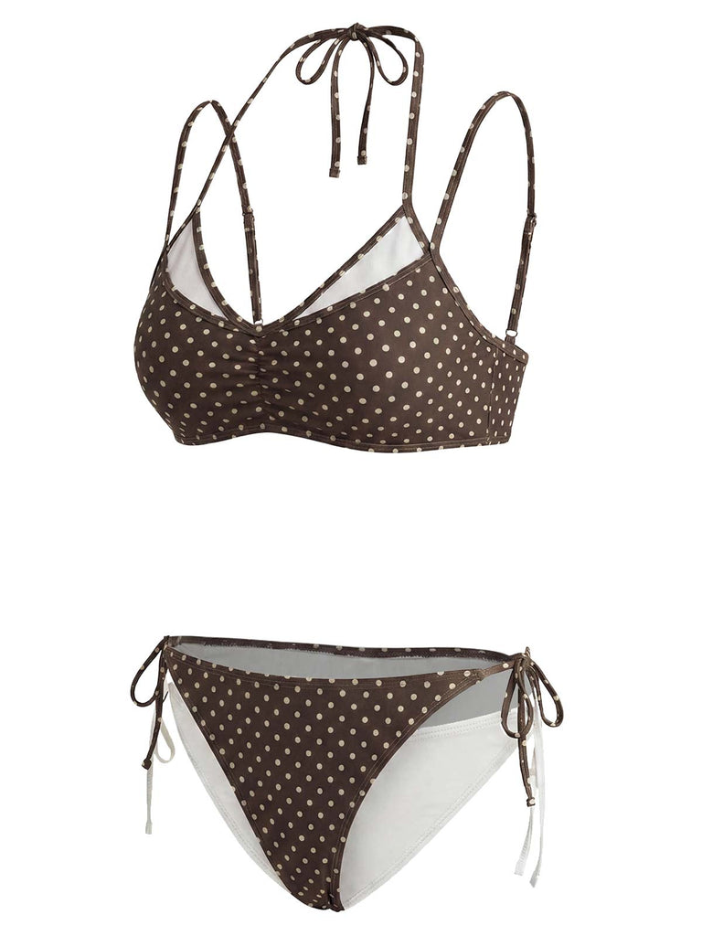 [Pre-Sale] Brown 1950s Polka Dot Halter Swimsuit