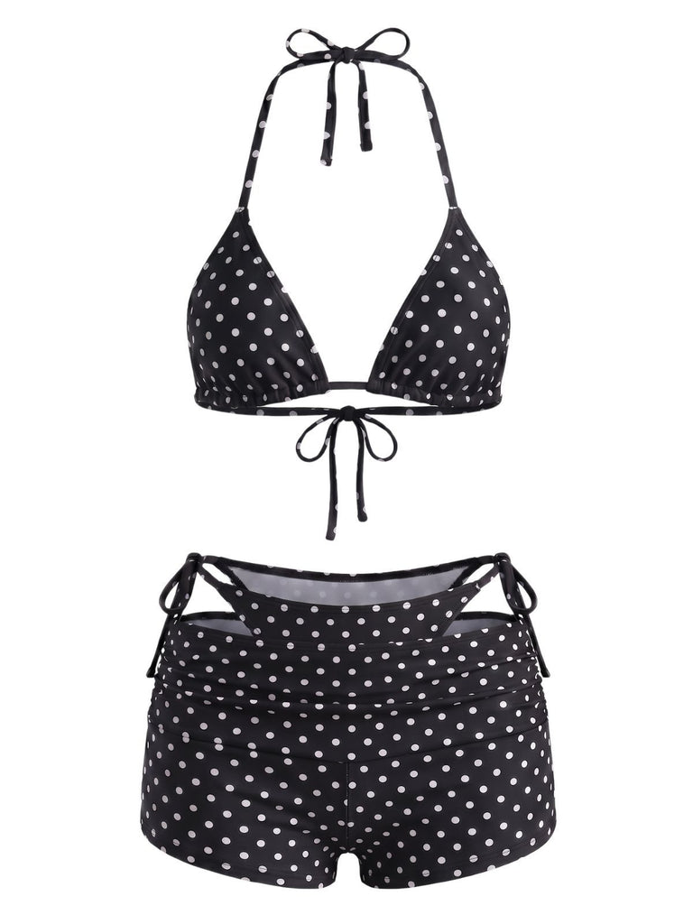 3PCS 1950s Polka Dot Halter Tie Shorts Bikini Set, vintage swimsuit, pin-up swimwear - perfect for women who love vintage and retro fashion