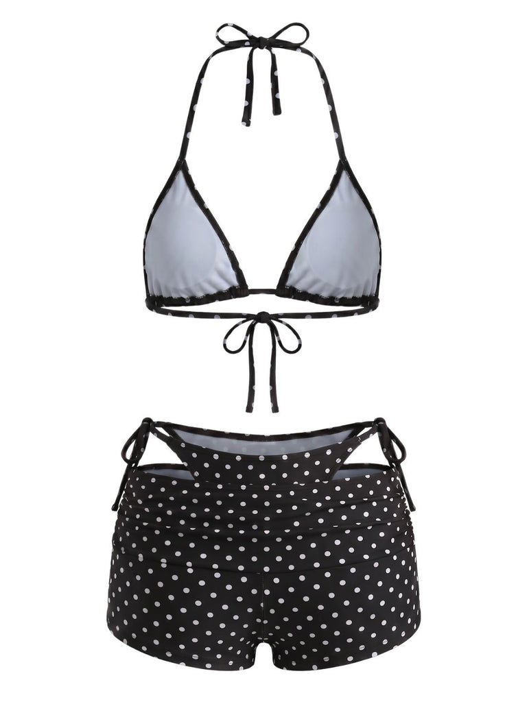 3PCS 1950s Polka Dot Halter Tie Shorts Bikini Set, vintage swimsuit, pin-up swimwear - perfect for women who love vintage and retro fashion