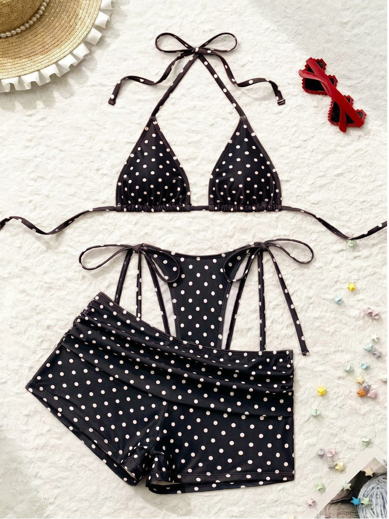 3PCS 1950s Polka Dot Halter Tie Shorts Bikini Set, vintage swimsuit, pin-up swimwear - perfect for women who love vintage and retro fashion