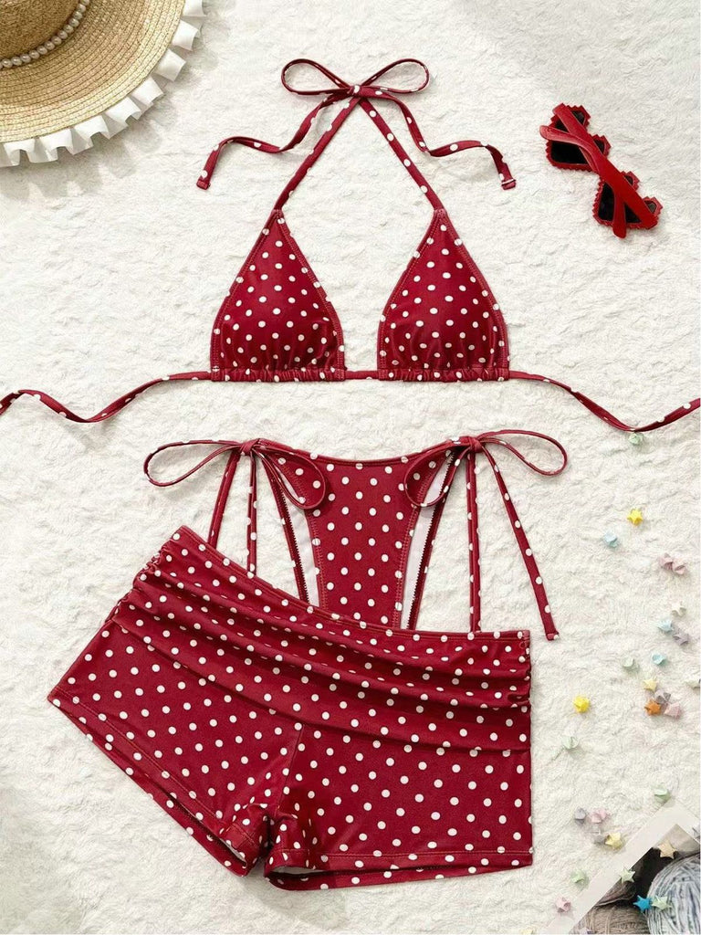 3PCS 1950s Polka Dot Halter Tie Shorts Bikini Set, vintage swimsuit, pin-up swimwear - perfect for women who love vintage and retro fashion