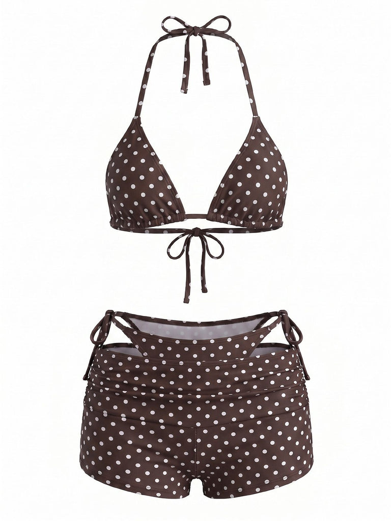 3PCS 1950s Polka Dot Halter Tie Shorts Bikini Set, vintage swimsuit, pin-up swimwear - perfect for women who love vintage and retro fashion