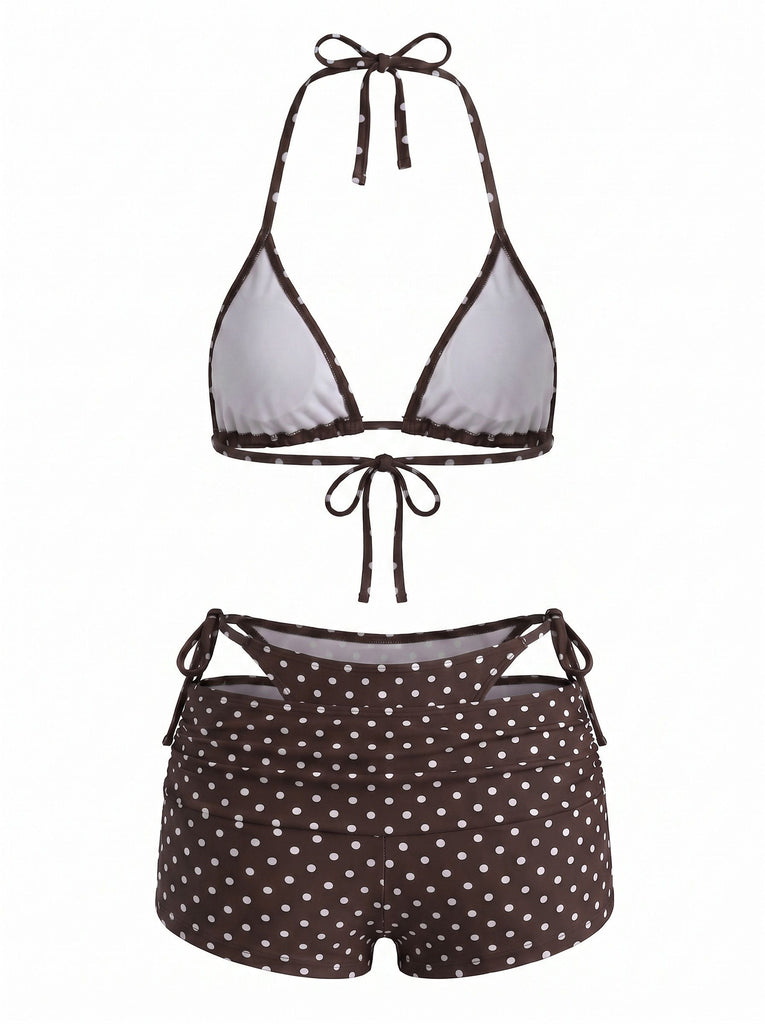 3PCS 1950s Polka Dot Halter Tie Shorts Bikini Set, vintage swimsuit, pin-up swimwear - perfect for women who love vintage and retro fashion