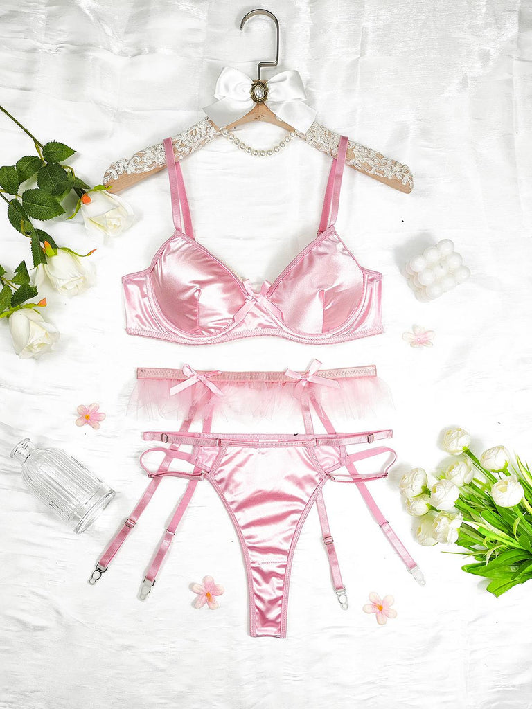 Pink Silky Satin 3-Piece Lingerie Set with Bow Detail for Valentine's day Pink Silky Satin 3-Piece Lingerie Set with Bow Detail for Valentine's day