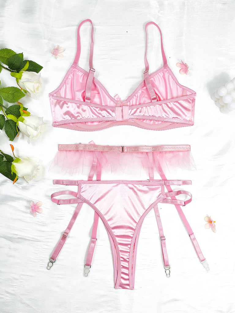 Pink Silky Satin 3-Piece Lingerie Set with Bow Detail for Valentine's day Pink Silky Satin 3-Piece Lingerie Set with Bow Detail for Valentine's day