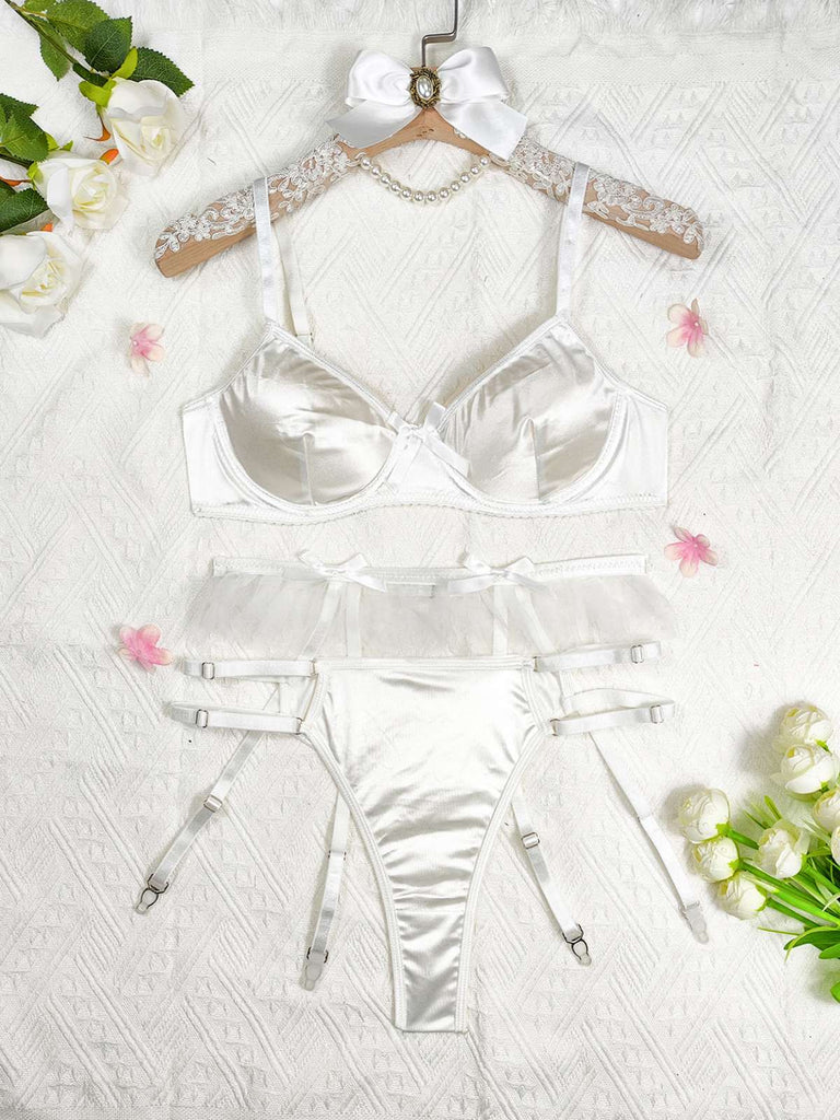 Satin Garter Plus Size White Garter Belt 3PCS 1950s Satin Garter Belt Lingerie Sets Retro Stage Satin Garter Plus Size White Garter Belt 3PCS 1950s Satin Garter Belt Lingerie Sets Retro Stage