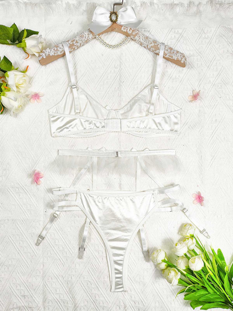 Pink Silky Satin 3-Piece Lingerie Set with Bow Detail for Valentine's day Pink Silky Satin 3-Piece Lingerie Set with Bow Detail for Valentine's day