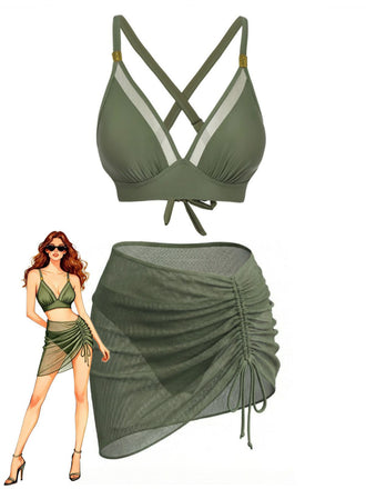 3PCS 1950s Solid Metal Button Bikini Set - vintage fashion, retro style