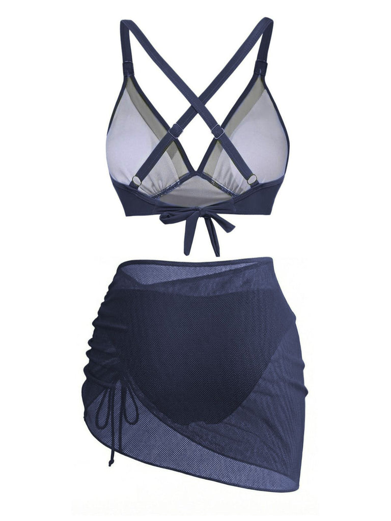 3PCS 1950s Solid Metal Button Bikini Set | vintage swimwear, retro swimsuit, pin-up style - perfect for retro fashion enthusiasts