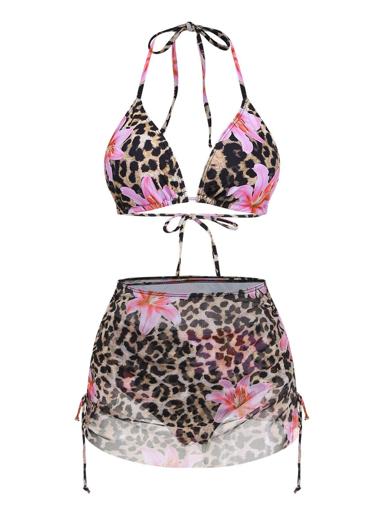 3PCS 1960s Leopard Print Floral Bikini Set - vintage fashion, retro style