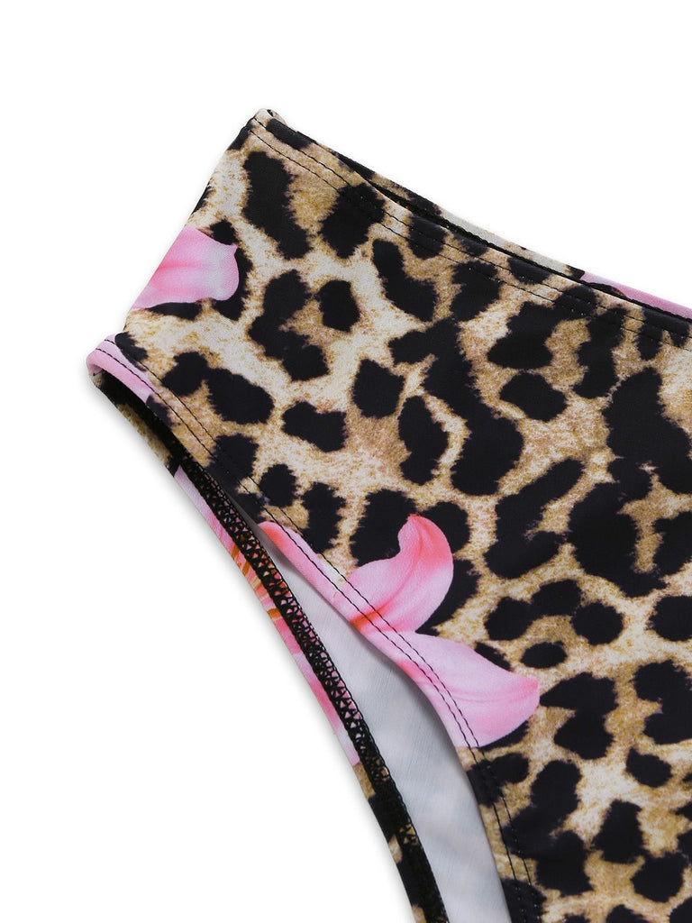 3PCS 1960s Leopard Print Floral Bikini Set - vintage fashion, retro style