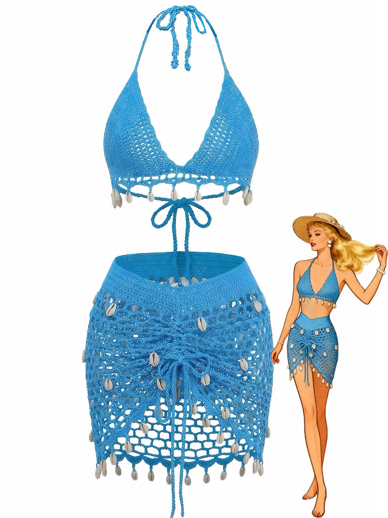 3PCS 1970s Shell Crochet Halter Bikini Set & Cover-Up - vintage swimwear, retro swimsuit, pin-up style for vintage lovers