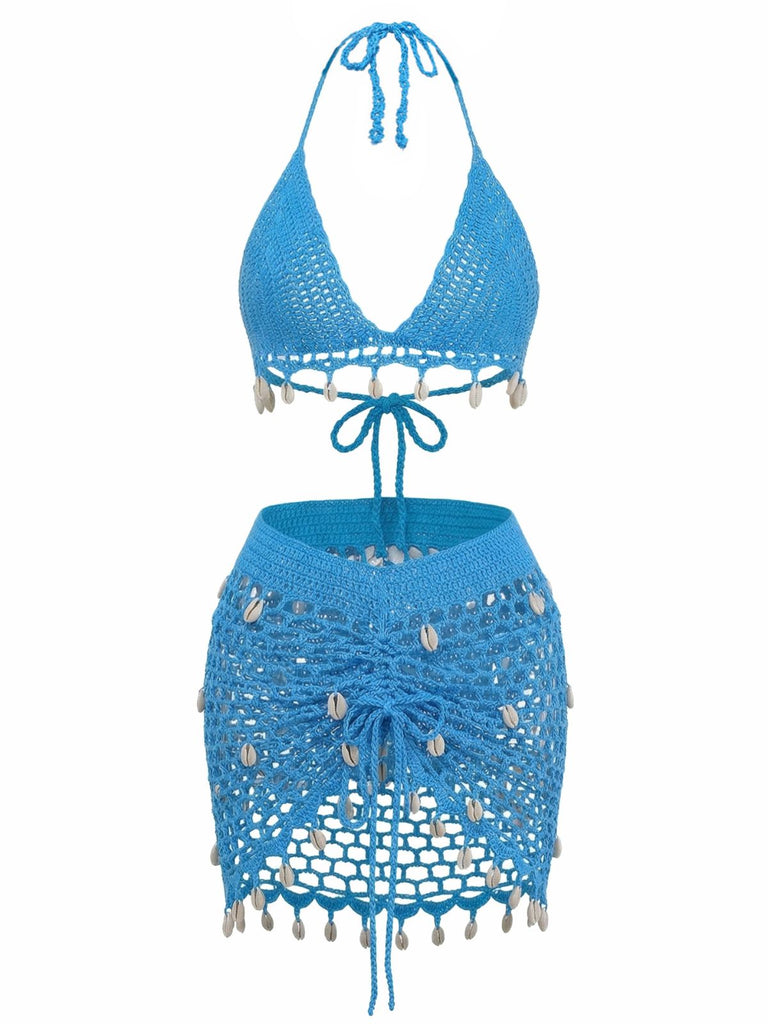 3PCS 1970s Shell Crochet Halter Bikini Set & Cover-Up: beautiful vintage swimwear, retro swimsuit, pin-up style with timeless appeal