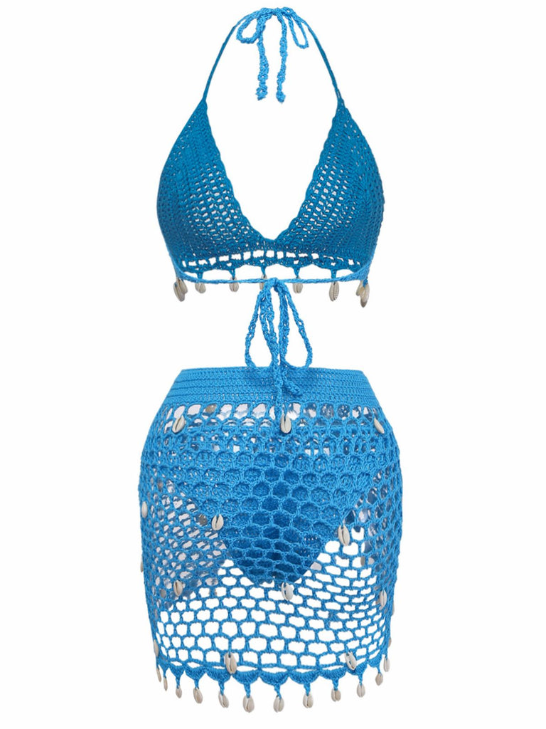 3PCS 1970s Shell Crochet Halter Bikini Set & Cover-Up | vintage swimwear, retro swimsuit, pin-up style - perfect for retro fashion enthusiasts
