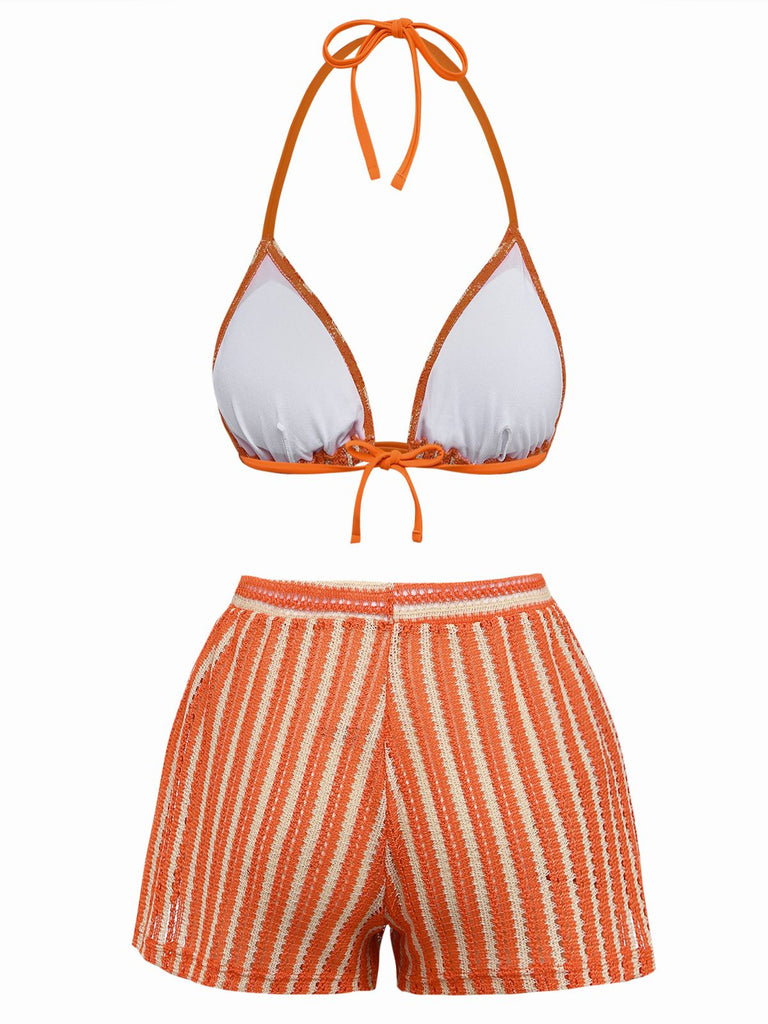 3PCS 1970s Striped Knit Boho Bikini Set & Cover-Up - vintage fashion, retro style