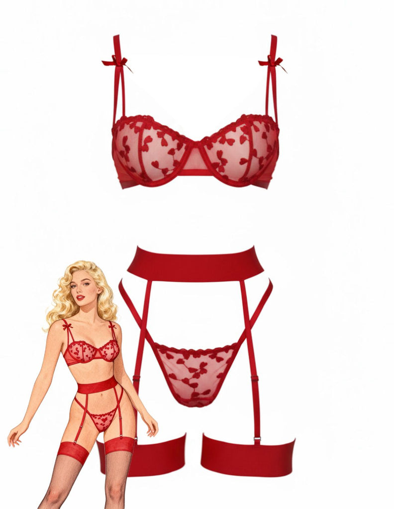 3PCS 1980s Lace Bow Detail Lingerie Set - vintage fashion, retro style