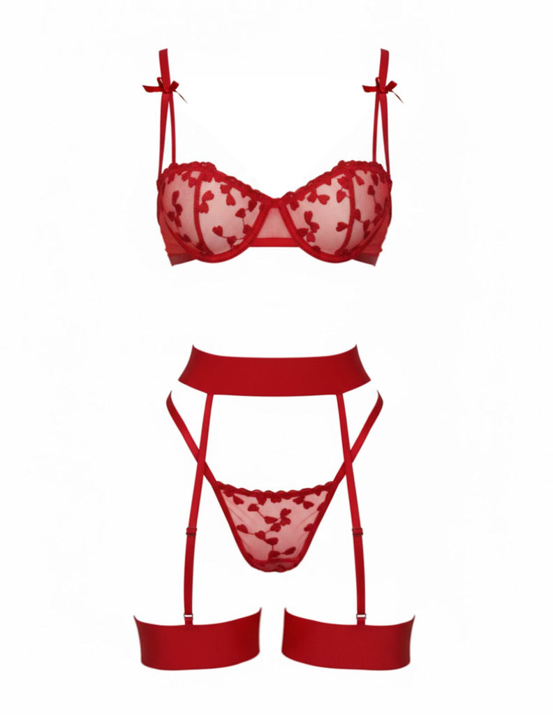 3PCS 1980s Lace Bow Detail Lingerie Set - vintage fashion, retro style