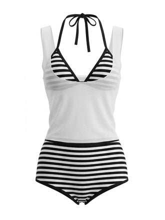 3PCS 1980s Striped Bikini Set & Sheer Cover-Up Tank - vintage swimwear, retro swimsuit, pin-up style for vintage lovers