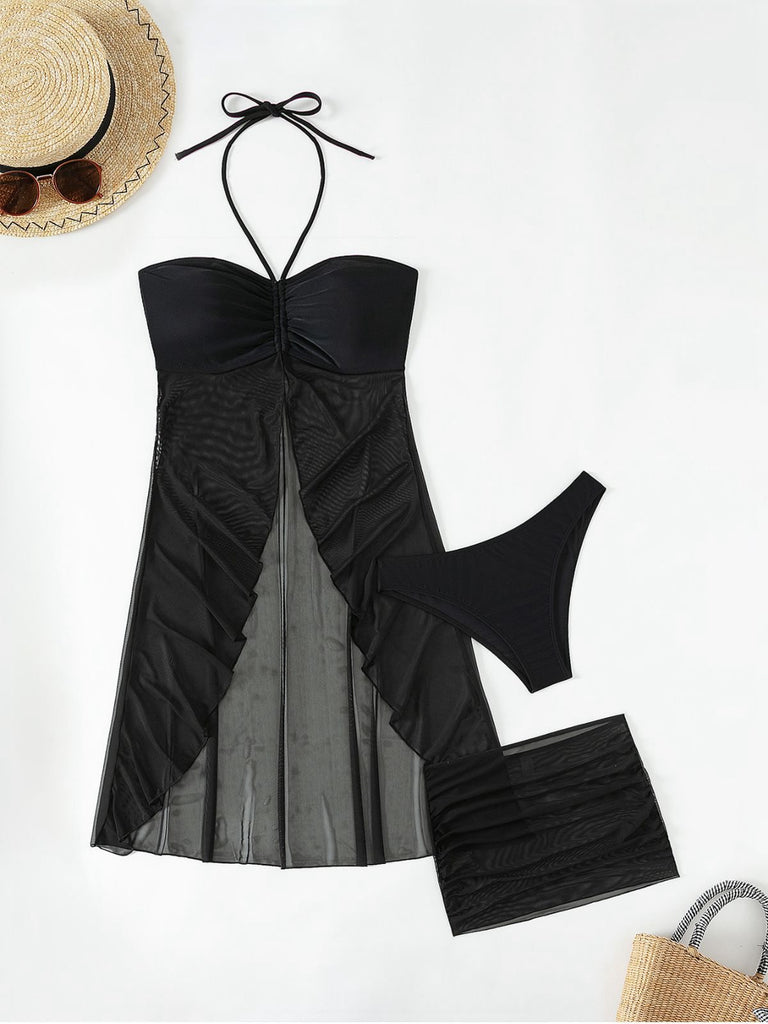 This 3PCS Black 1950s Solid Halter Bikini Set & Cover-Up carries 1950s vacation dreams in every stitch