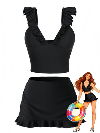 3PCS Black 1950s V-Neck Ruffled Bikini Skirt - vintage skirt, retro style, classic black
