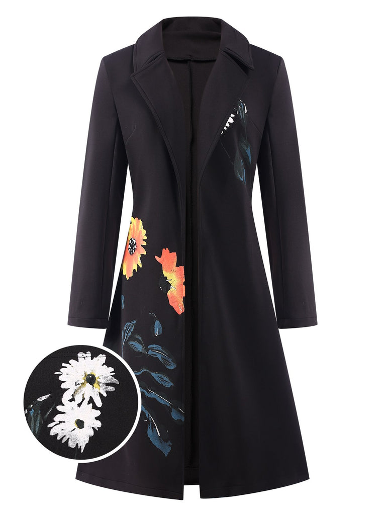 3PCS Black 1960s Floral Long Coat & Top & Pants Suit Set, vintage top, retro blouse - perfect for women who love vintage and retro fashion