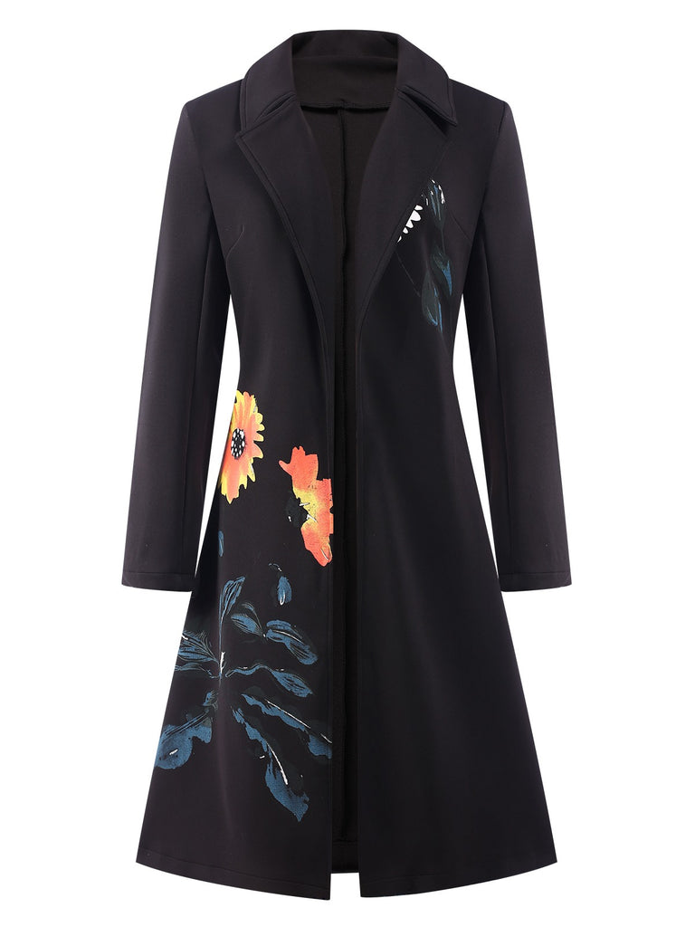 3PCS Black 1960s Floral Long Coat & Top & Pants Suit Set, vintage top, retro blouse - perfect for women who love vintage and retro fashion