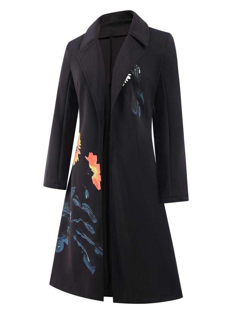 3PCS Black 1960s Floral Long Coat & Top & Pants Suit Set, vintage top, retro blouse - perfect for women who love vintage and retro fashion