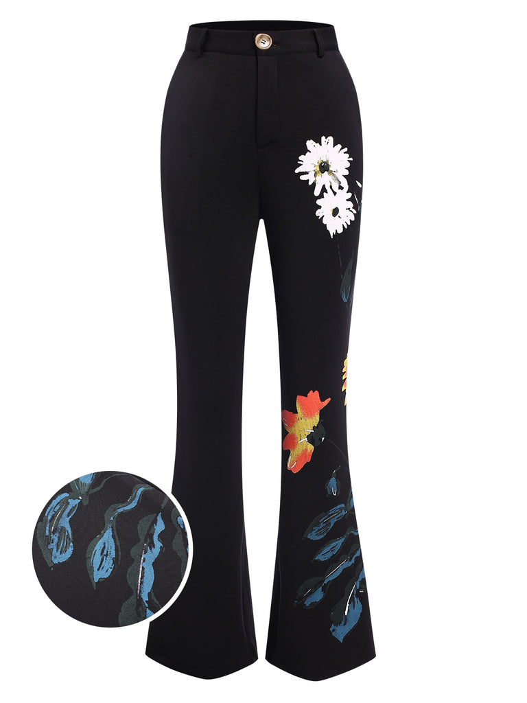 3PCS Black 1960s Floral Long Coat & Top & Pants Suit Set, vintage top, retro blouse - perfect for women who love vintage and retro fashion