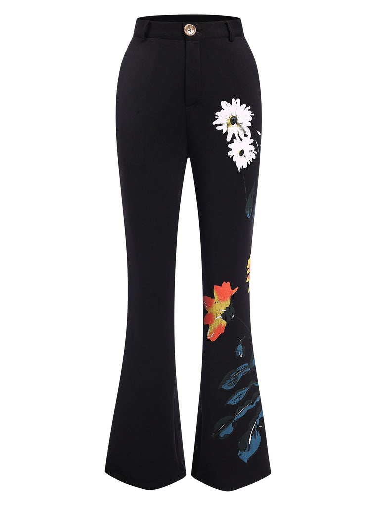 3PCS Black 1960s Floral Long Coat & Top & Pants Suit Set, vintage top, retro blouse - perfect for women who love vintage and retro fashion