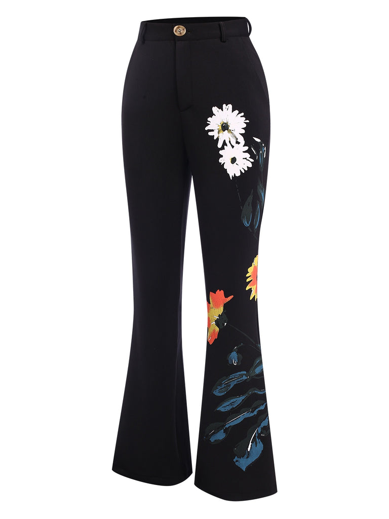 3PCS Black 1960s Floral Long Coat & Top & Pants Suit Set, vintage top, retro blouse - perfect for women who love vintage and retro fashion