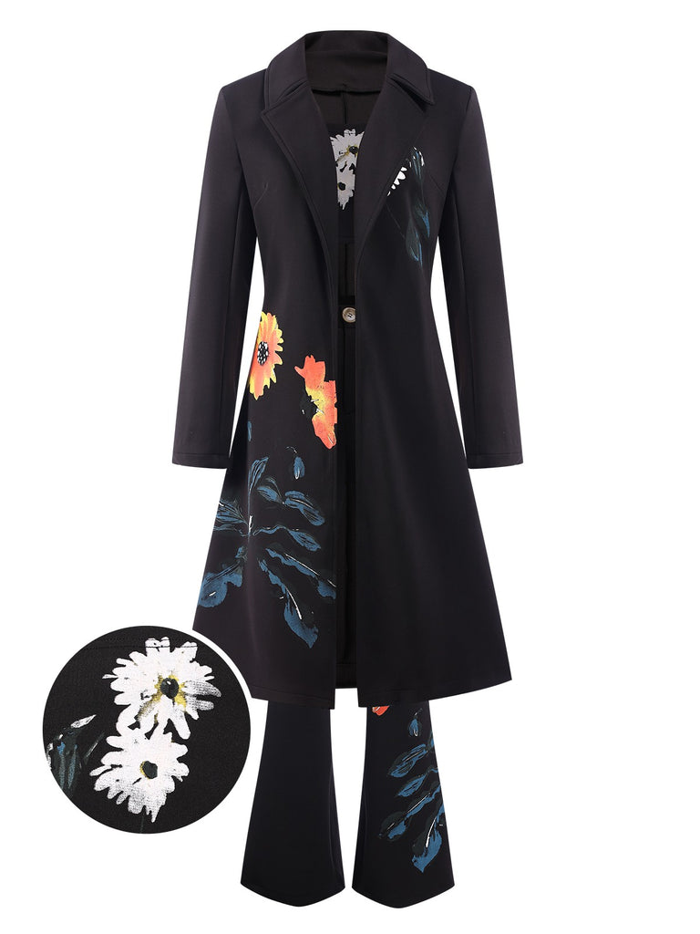 3PCS Black 1960s Floral Long Coat & Top & Pants Suit Set, vintage top, retro blouse - perfect for women who love vintage and retro fashion