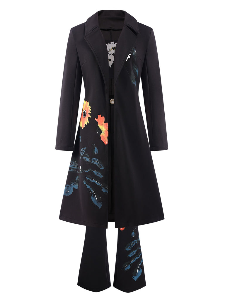 3PCS Black 1960s Floral Long Coat & Top & Pants Suit Set, vintage top, retro blouse - perfect for women who love vintage and retro fashion